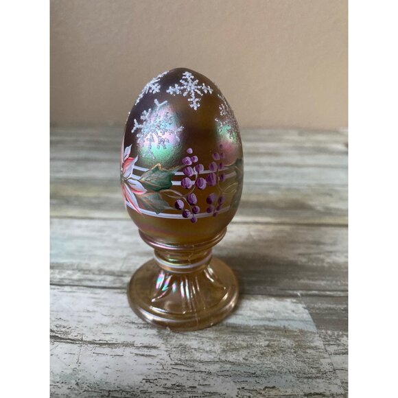 Fenton Hand Painted Iridescent Glass Pedestal Egg Snowflake Poinsettia Christmas - Picture 4 of 9